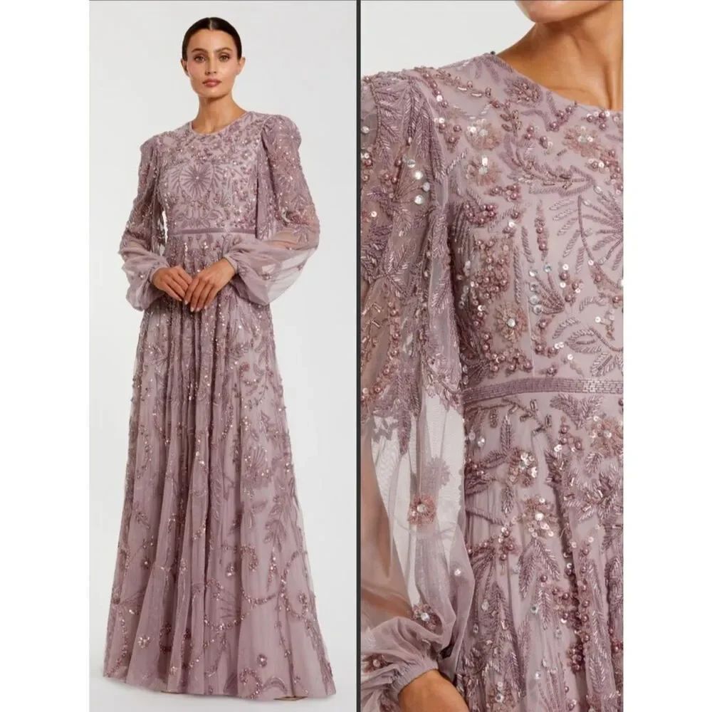 MAC DUGGAL $798 93930 Purple Puff Sleeve Embellished A Line Gown Dress Size 16